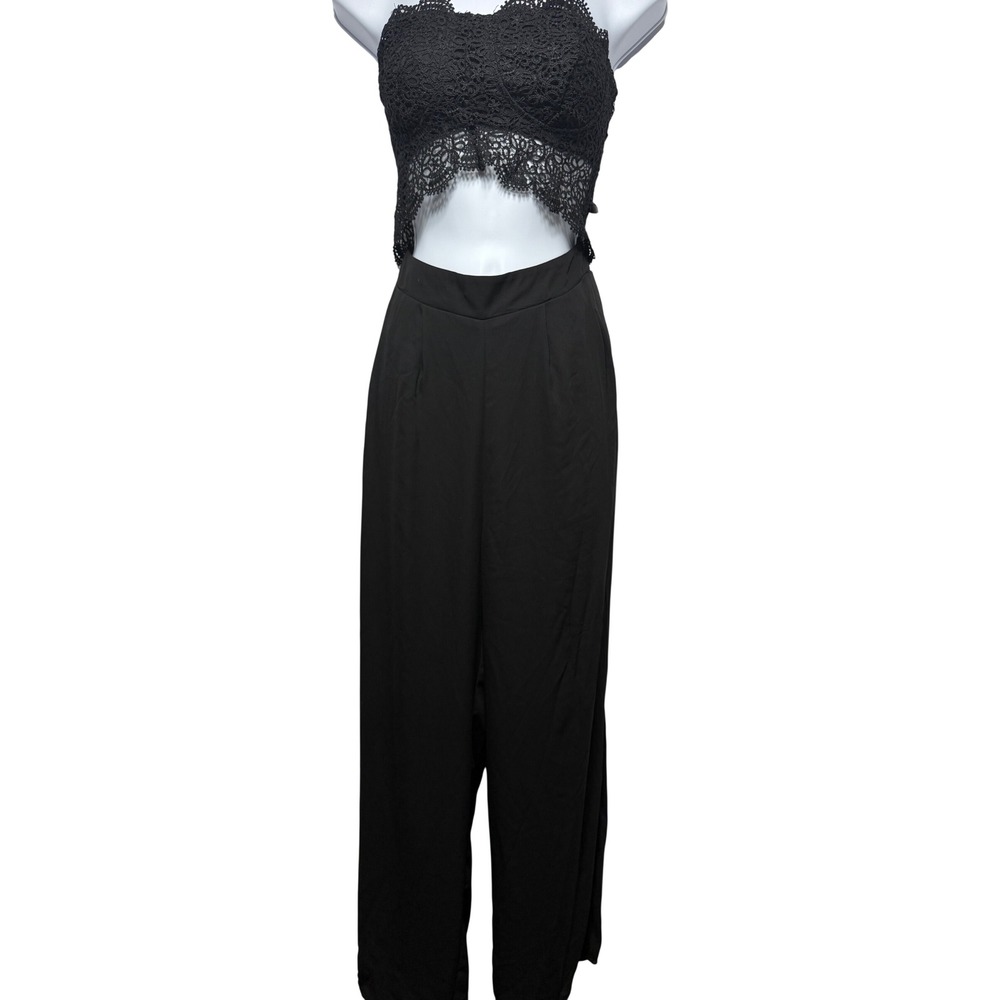 IRIS Black Lace Strapless Jumpsuit Size M Wide Leg Cutout Back Zipper Boho Party